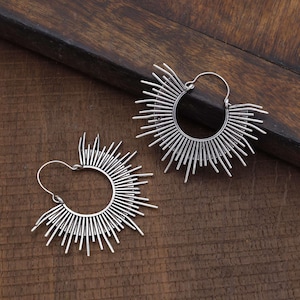 925 Sterling Silver Sunburst Large Hoop Earring | Celestial Spike Statement Hoops | Bold Handmade Radiant Earrings For Women | Sun Earrings