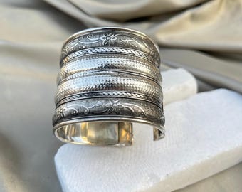 Tribal Silver Cuff Bracelet for Women | Wide Engraved Oxidized Bangle | Floral Statement Jewelry | Adjustable Boho Festival Bracelet