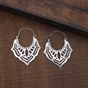 Sterling Silver Tribal Cutout Hoop Earrings | Handmade Ethnic Boho Statement Hoops | Festival Jewelry for Women Mandala earrings
