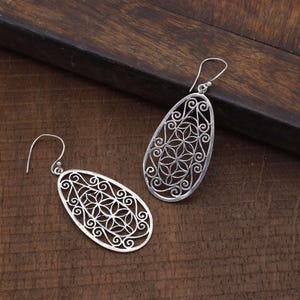 Silver Filigree Oval Earrings | Lightweight Boho Drop Earrings for Women | Handmade Festival Statement Jewelry Oval dangle jewelry