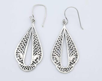 Boho Filigree Teardrop Earrings | Tribal Brass Drop Earrings Women | Oxidized Silver Cutout Design