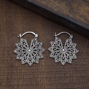 Sterling Silver Mandala Star Earrings | 925 Oxidized Floral Hoop Earrings | Handmade Tribal Boho Jewelry for Women