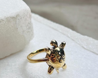 Turtle Fortune Ring for Women | Ocean Animal Statement Ring | Handmade Brass Sea Turtle Ring | Boho Luck Beach Jewelry