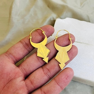 Geometric Tribal Statement Earrings | Gold Filled Brass Hoop Dangles | Boho Handmade Drop Arrowhead Design | Bold Jewelry Gift for Women