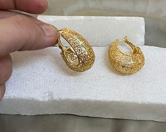 18k Gold Filled Chunky Hoop Earrings | Dome Geometric Filigree Hoop Women | Lightweight Sculptural Brass Jewelry | Handmade Statement Gift