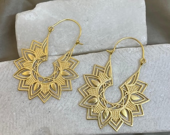Mandala Earrings | Lotus Statement Hoops For Women | Handmade Tribal Antique Festival Earrings | Brass Ethnic Jewelry