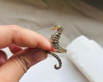 Gold Seahorse Ring | Adjustable Brass Sea Animal Jewelry