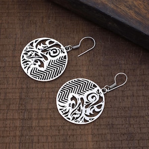 Sterling Silver Round Mandala Earrings | 925 Floral Chevron Dangle Earring | Handmade Boho Statement Jewelry Gift | Filigree Earrings | Hoop