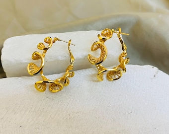18k Gold Filled DNA Hoop Earrings | Sculptural Brass Spiral Earrings For Women | Handmade Statement Hoops