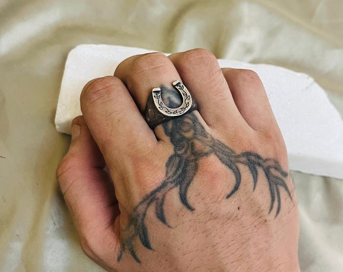Mens Horseshoe Ring | 925 Sterling Silver Ring For Men | Engraved Vine Detail Band | Western Style Ring | Rustic Jewelry | Men Jewelry