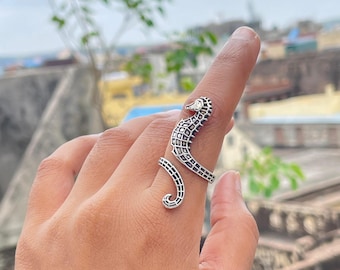 Silver Plated Seahorse Ring | Adjustable Brass Ocean Ring for Women | Handmade Marine-Inspired Animal Jewelry marine-inspired Sea Ocean ring