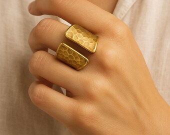 Hammered Brass Statement Ring | Wide Open Band Adjustable Ring | Gold Textured Ring for Women | Handmade Boho Brass Jewelry | Antique Brass