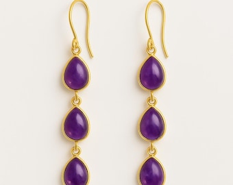 Amethyst Dangle Earrings | Gold Teardrop Earrings in Brass | Handmade Long Boho Earrings | Spiritual Statement Jewelry for Women