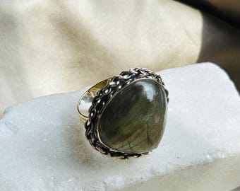 Labradorite Statement Ring, Brass Boho Cocktail Ring