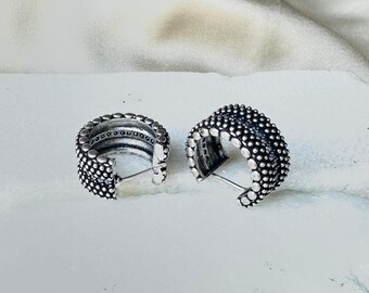Dotted Huggie Earrings | Tribal Beaded Jewelry | Oxidized Brass Finish