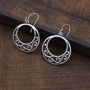 Sterling Silver Swirl Earrings Oxidized Round Dangle Earrings For Women Boho Tribal Jewelry Festival Gift 925 Silver Handmade Design