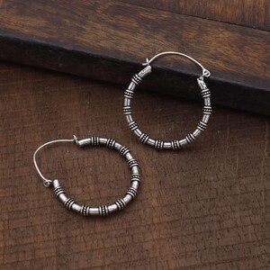 Rustic Silver Beaded Hoop Earrings | Tribal Boho Hoops for Women | Handmade Ethnic Festival Jewelry | Lightweight Everyday Earrings