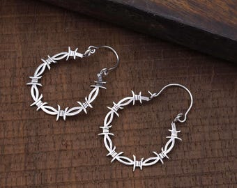 Sterling Silver Barbed Wire Hoop Earrings | Punk Gothic Statement Dangle Earrings | Edgy Grunge Jewelry | Gift For Women