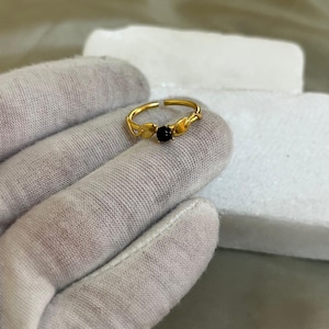 Black Onyx Leaf Ring Gold | Adjustable Brass Ring for Women | Dainty Gemstone Open Band Handmade Minimalist Boho Jewelry lightweight earring