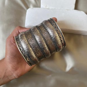 Antique Silver Wide Cuff Bangle | Ethnic Statement Bangle | Handmade Boho Jewelry | Adjustable Vintage Bracelet | Long Stacking Bracelet