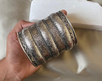 Antique Silver Wide Cuff Bangle | Ethnic Statement Bangle | Woman Handmade Jewelry | Adjustable Vintage Bracelet | Long Stacking Bracelet