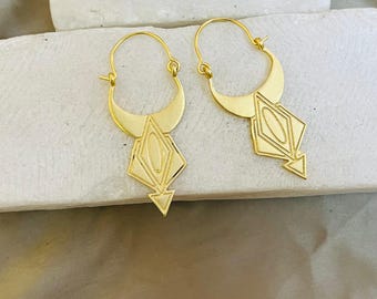 Geometric Tribal Statement Earrings | Gold Plated Brass Hoop Dangles | Boho Handmade Drop Arrowhead Design