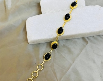 18k Gold Black Onyx Bracelet | Brass Chain Bracelet | Adjustable Link Bracelet for Women | Elegant Boho Statement Jewelry