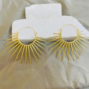 Gold Sun Hoop Earrings | Brass Radiant Statement Hoops for Women | Boho Sunburst Festival Jewelry | Handmade Bold Tribal Sun Hoops For Her