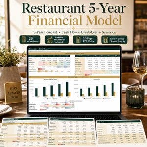 Könnte beinhalten: Ein 5-Jahres-Finanzmodell für Restaurants, dargestellt auf einem Laptop-Bildschirm und gedruckten Dokumenten. Das Dashboard enthält Tabellen, Balkendiagramme und Leistungskennzahlen. Enthält 25 Arbeitsblätter, eine PowerPoint-Präsentation und ein PDF.