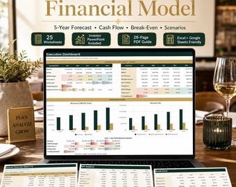 Restaurant Financial Model Excel&Google Sheets Compatible | 5-Year Forecast, Cash Flow, Break-Even, Scenario Analysis, PowerPoint, PDF Guide