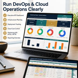 May include: A laptop and tablet displaying a DevOps Cloud Tracker dashboard with charts, metrics, and text including Run DevOps & Cloud Operations Clearly, Executive KPI Dashboard, Infrastructure Planning, Deployment Tracking, and Cloud Cost Control.