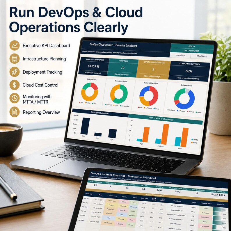 May include: A laptop and tablet displaying a DevOps Cloud Tracker dashboard with charts, metrics, and text including Run DevOps & Cloud Operations Clearly, Executive KPI Dashboard, Infrastructure Planning, Deployment Tracking, and Cloud Cost Control.