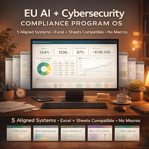 Może przedstawiać: Monitor komputera wyświetla wizualizacje danych i wykresy z tekstem "EU AI + Cybersecurity COMPLIANCE PROGRAM OS." Klawiatura, mysz i inne materiały biurowe znajdują się na drewnianym biurku. Tekst zawiera również "5 Aligned Systems • Excel + Sheets Compatible • No Macros."