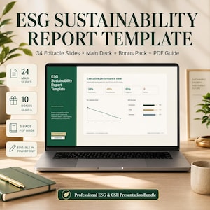 ESG Nachhaltigkeitsbericht PowerPoint Vorlage | CSR Bundle mit 34 Folien | KPI Dashboard, Wesentlichkeitsmatrix und Sdg Mapping