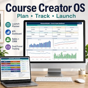 May include: A computer monitor and laptop displaying a dashboard with data visualizations. The text "Course Creator OS" is at the top, with "Plan • Track • Launch" below. Icons for Launch Planner, KPI Dashboard, Sales + CRM, and Email Funnel Tracking are on the left.