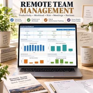 May include: A laptop displaying an Executive Team Dashboard with productivity charts, risk metrics, and meeting data. The screen shows bar graphs and tables. A Remote Team Management Quick Start Guide and a Weekly Team Pulse checklist are on the desk.