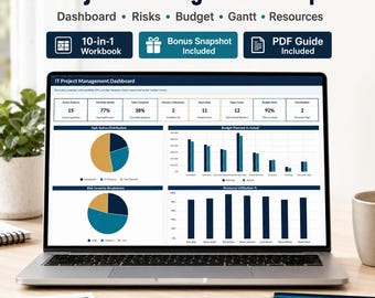 IT Project Management Excel Template | Project Dashboard, Risk Register, Gantt Chart, Budget Tracker, Resource Planner