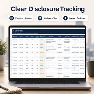 K&ouml;nnte beinhalten: Ein Laptop-Bildschirm zeigt eine Tabelle mit dem Titel AI Disclosures mit Spalten f&uuml;r Offenlegungsstatus, Text und Pr&uuml;fer. &Uuml;ber dem Bildschirm steht der Text Clear Disclosure Tracking mit drei Symbolen f&uuml;r Plattform, Text und Status.