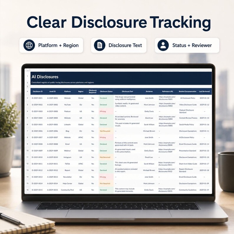 K&ouml;nnte beinhalten: Ein Laptop-Bildschirm zeigt eine Tabelle mit dem Titel AI Disclosures mit Spalten f&uuml;r Offenlegungsstatus, Text und Pr&uuml;fer. &Uuml;ber dem Bildschirm steht der Text Clear Disclosure Tracking mit drei Symbolen f&uuml;r Plattform, Text und Status.