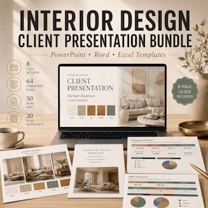 Innenarchitektur-Kundenpräsentationspaket | PowerPoint, Word und Excel | Angebot, Moodboard, FF&E, Budget und Onboarding