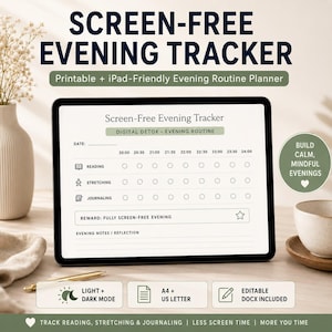Könnte beinhalten: Ein digitaler Tracker für den Abend ohne Bildschirm, der auf einem Tablet angezeigt wird. Der Planer enthält Abschnitte für Lesen, Dehnen und Tagebuchführen, mit einer Belohnung für einen bildschirmfreien Abend. Der Text enthält "Screen-Free Evening Tracker".