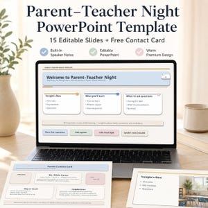 Peut inclure: Un modèle PowerPoint pour une réunion parents-professeurs avec 15 diapositives modifiables et une fiche de contact. L'écran affiche une présentation intitulée Welcome to Parent-Teacher Night avec des sections sur le déroulement et les objectifs.