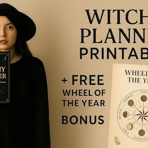 Witchy Planner A4 PDF – 12 Magical Printable Pages + FREE Wheel of the Year | Moon Calendar, Ritual Log, Shadow Work, Tarot & Spells