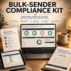May include: A professional Bulk-Sender Compliance Kit is displayed with a laptop showing a dashboard, a tablet, and a guide. The kit includes tools for structured compliance reviews, with a focus on Gmail and Yahoo requirements.