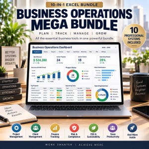 May include: A laptop displaying a Business Operations Dashboard with charts, graphs, and project status tables. The screen shows financial data, revenue trends, and task lists. The image includes text labels for project management, finance, and team productivity.