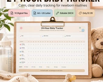 May include: A wooden clipboard with a baby tracker chart, a baby bottle, a pacifier, and a teddy bear. The chart is designed for tracking newborn routines, with sections for feeding, sleep, and diaper changes. The text reads "24-HOUR BABY TRACKER".