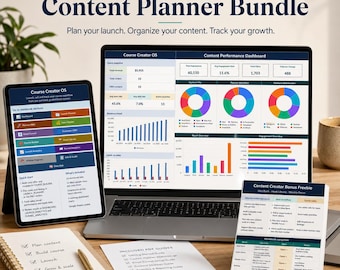 Pack pour concepteurs de cours et planificateurs de contenu – Excel | Planificateur de lancement de cours, planificateur de médias sociaux, CRM, entonnoir de vente et tableau de bord des ventes