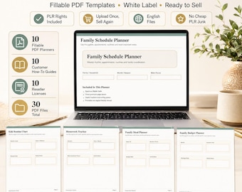 Family & Kids PLR Bundle | 10 Fillable PDF Family Planners, Kids Routine, Homework, Chores, White Label