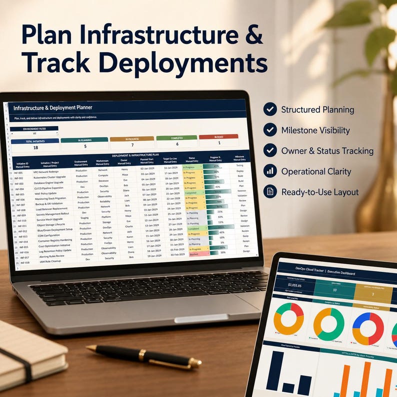 May include: A laptop screen displaying an Infrastructure & Deployment Planner spreadsheet with columns for initiative IDs, status, and progress bars. Next to it, a second screen shows a DevOps Cloud Tracker dashboard with colorful pie charts and bar graphs.