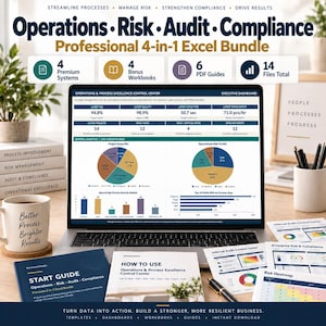 Op de afbeelding: Een laptop toont een dashboard voor een Operations and Process Excellence Control Center met cirkeldiagrammen en staafgrafieken. De bundel bevat een startgids, een handleiding en diverse PDF-gidsen voor operaties, risico en compliance.